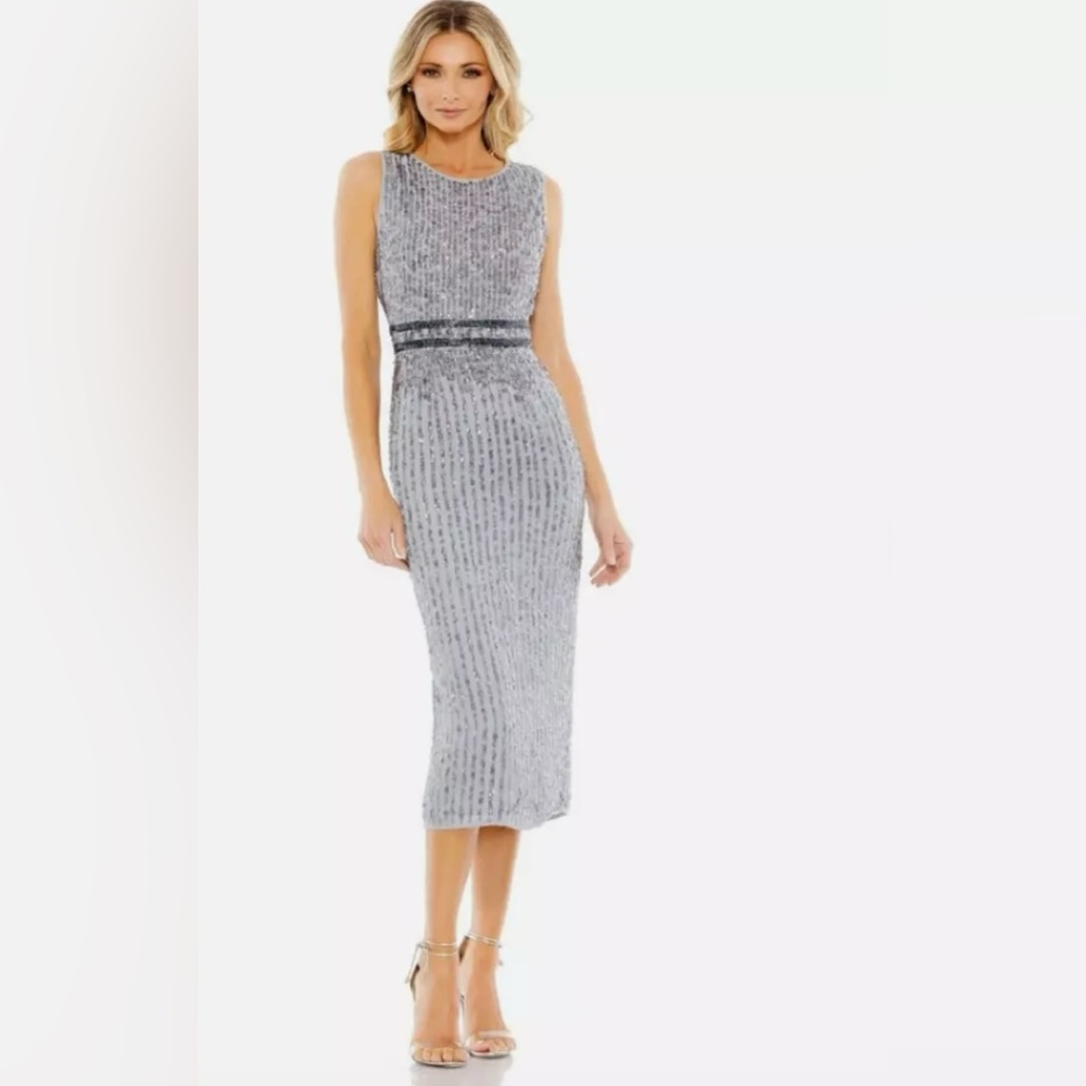 Mac Duggal 10509 Sleeveless High Neck Beaded Mini Sheath Dress Platinum Size 10